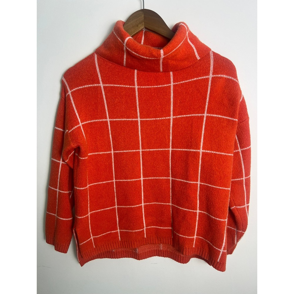 C+D+M Wm Med Orange Windowpane Grid Turtleneck Knit Sweater Artsy Chic Bright